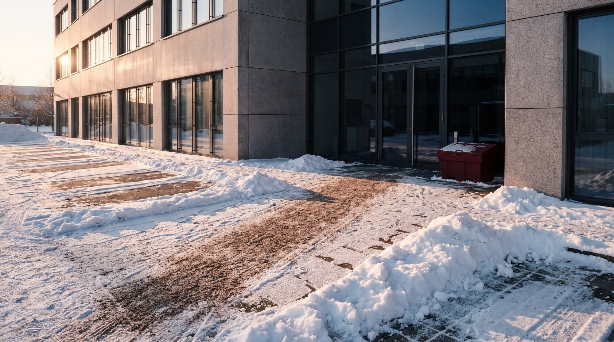 Vorplatz eines Gewerbegebäudes an einem Wintermorgen, ein breiter geräumter und gestreuter Weg führt zum Glaseingang